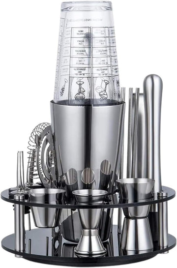 Cocktail Shaker 19 Piece Stainless Steel Cocktail Stand with Rotatable Storage Rack Home Bar Bartender Tool Bar Set