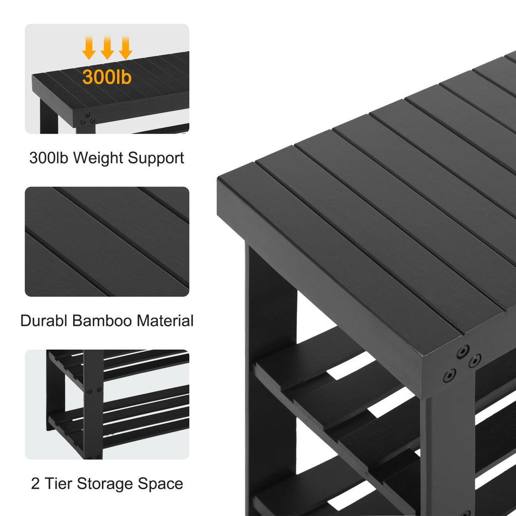 Bamboo Shoe Rack Bench, 3-Tier Shoe Storage Organizer, Black