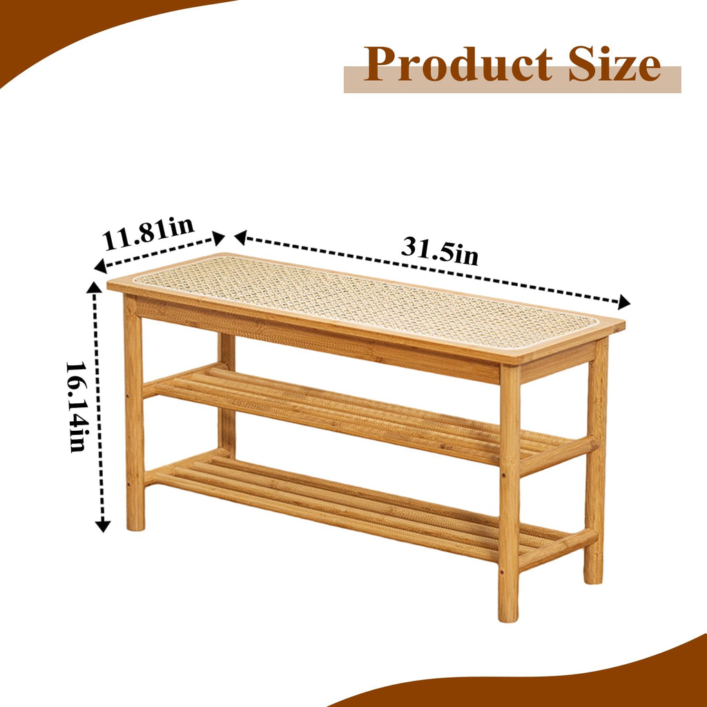 Bamboo Entryway Bench with Woven Rattan Seat, 2-Tier Shoe Storage Bench 31.5 inches Nature