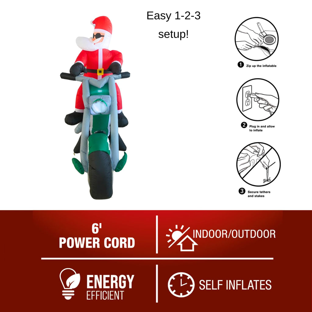6FT Inflatable Motorcycle with Santa Outdoor Decoration, Christmas Blow Up Yard Decorations, Built-in LED Lights