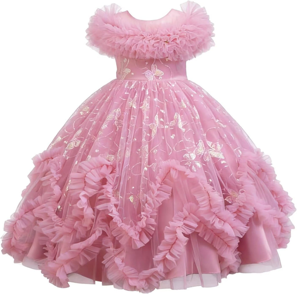 Flower Girl Dress Ruffle Butterfly Embroidery Princess Dress Tiered Tulle Wedding Party Birthday Ball Gown