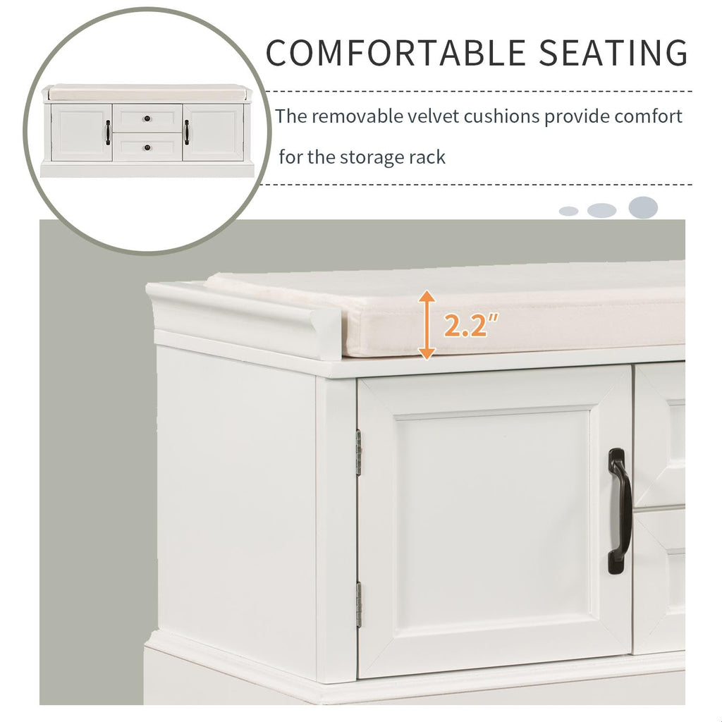 Rustic Storage Bench with 4 Doors 2 Draws Adjustable Shelves Removable Cushion Rectangular Cabinet Foot Rest Stool