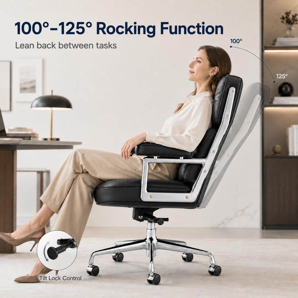 Home with Top Grain Leather, Padded Armrests, Mid-Back Upholstered Executive Leather Desk Chair, Aluminum Frame