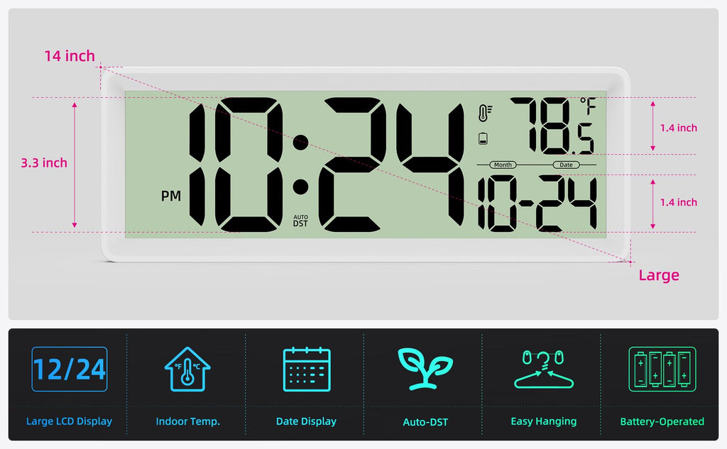 14′′ Large Digital Wall Clock Battery-Operated with Temperature, Date, DST | Big Digital Clock, farmhouse, bedroom