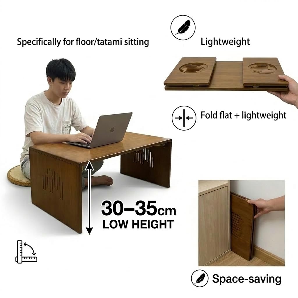 Japanese Floor Table, Bamboo Low Desk for Tea Meditation, Foldable No Assembly (Tray + Coaster(4ps) + Table (80cm))