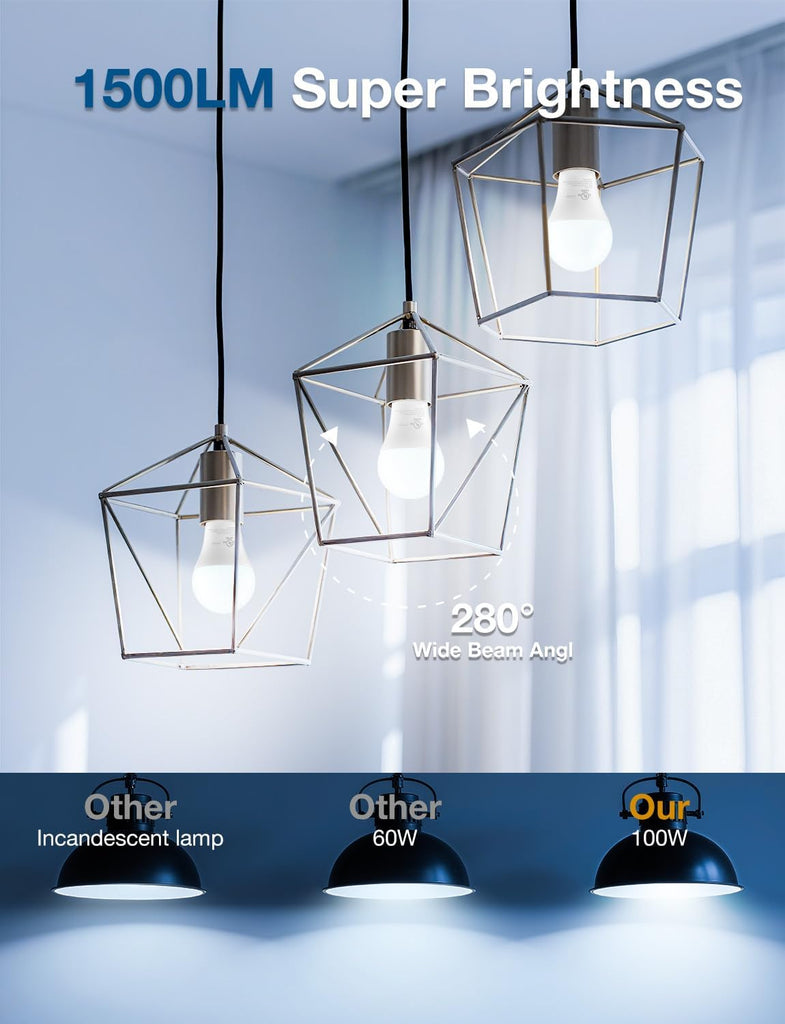 LED Light Bulbs, A19 5000K Daylight Light Bulbs 100 Watt Equivalent, 1500LM Bright White Light Bulbs, E26 Standard