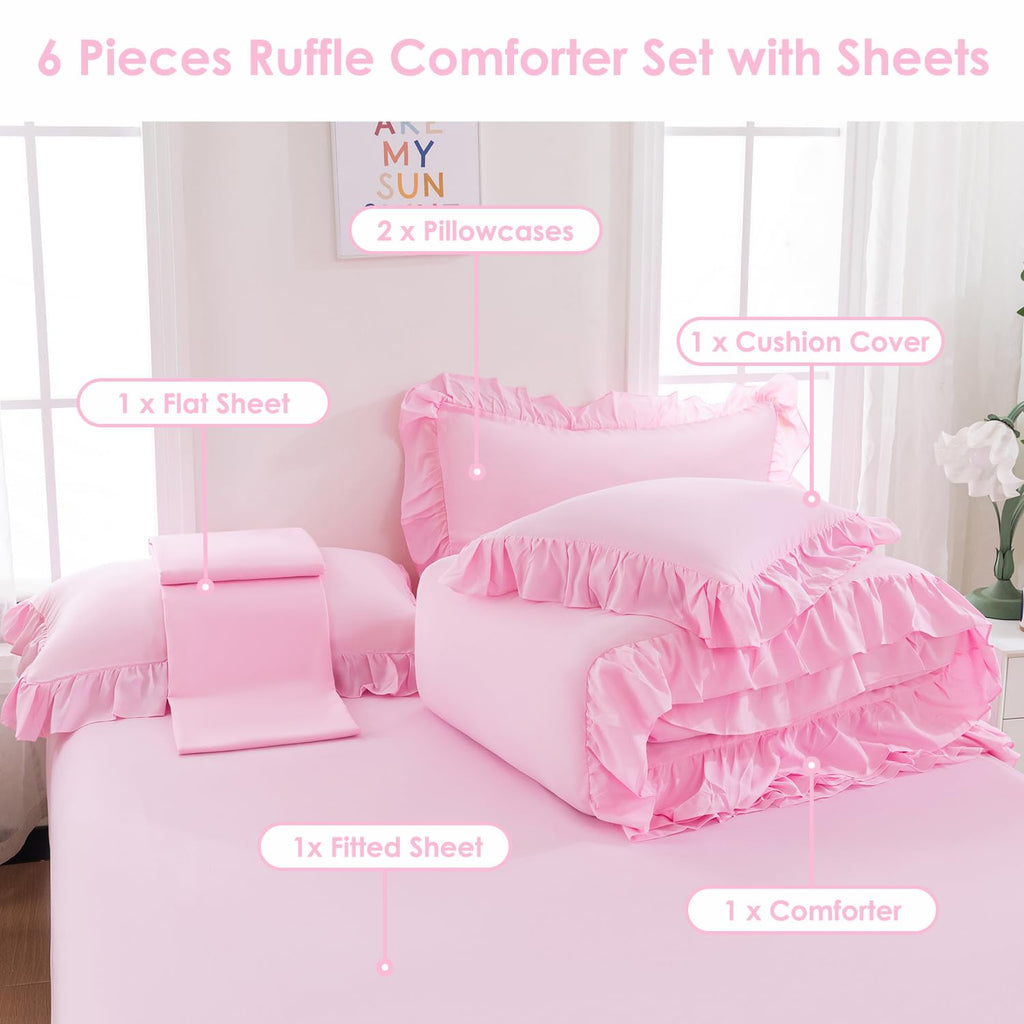 Pink Ruffle Bed in A Bag King Size 6 Pieces Farmhouse Comforter Set with Sheets Solid Boho Chic Bedding Set for Girls