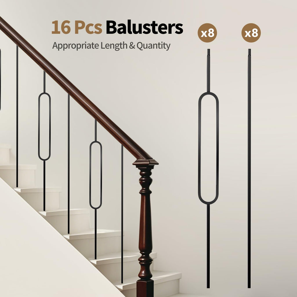 16 Pcs Iron Balusters for Staircase - 44 Inches Wrought Iron Balusters, Balusters for Staircase Interior Satin Black