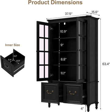 63" Tall Display Cabinet with Glass Doors and Solid Wood Legs, Modern Bookcase with 2 Drawers & Adjustable Shelves