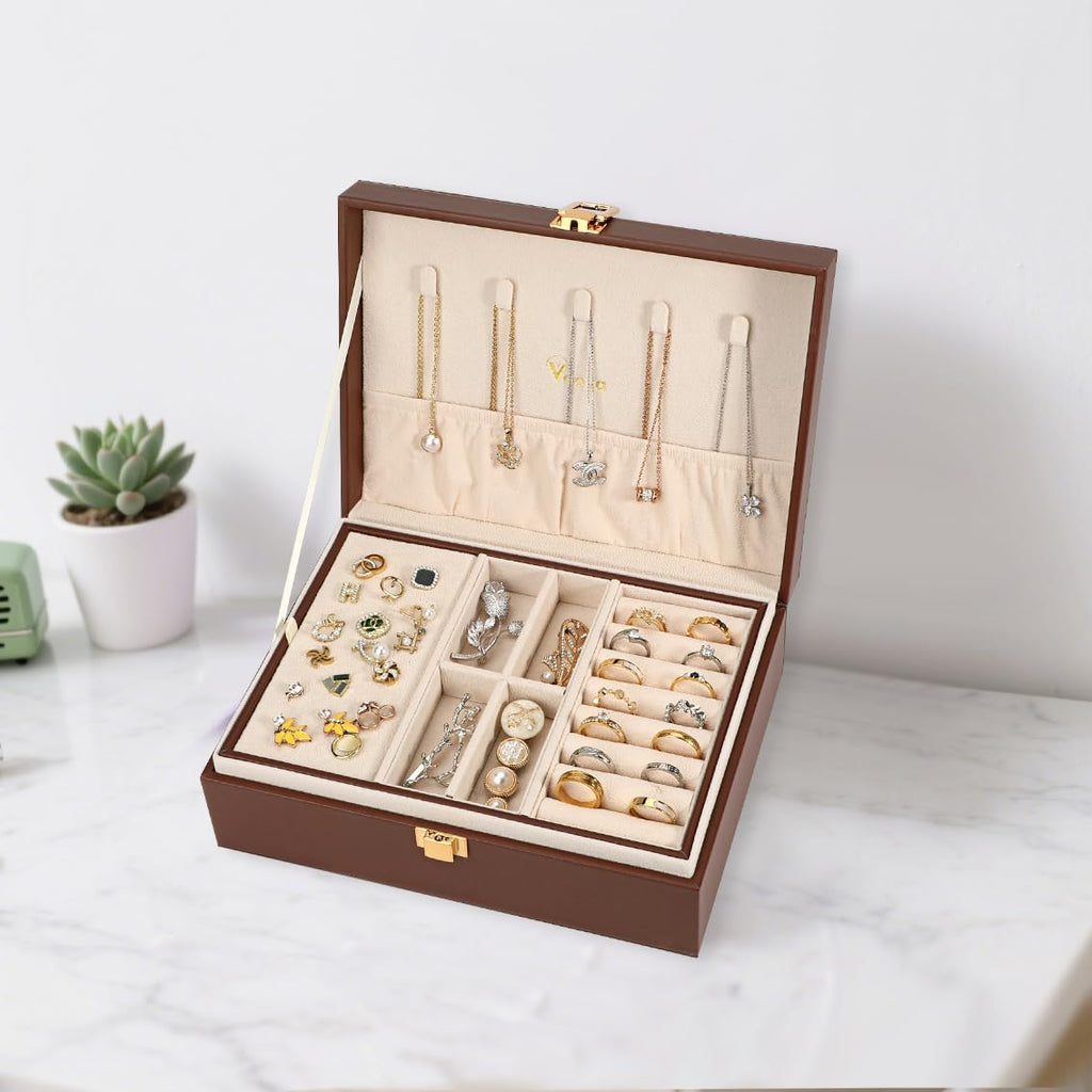 2 Layer Jewelry Box Organizer with Removable Tray, Vintage Gift, Coffee