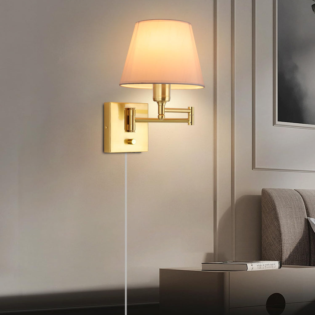 Gold Swing Arm Wall Lamp White Fabric Shade Plug in or Hardwired