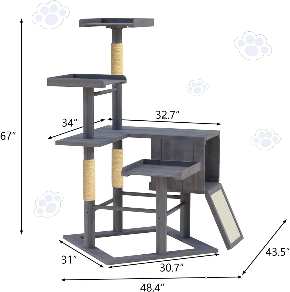 Outdoor Cat Tree for Large Cats, Weatherproof Solid Wood, 48"x43"x67"