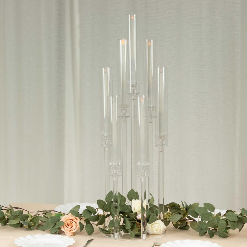 Clear 33 in Round 7 Arm Acrylic Cluster Taper Candle Holder Candelabra - Wedding Reception Party Dining Table Home