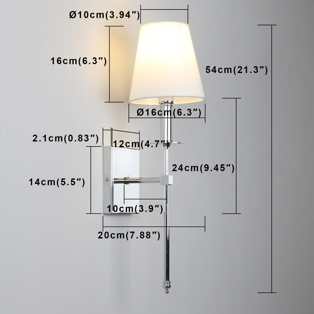 Set of 2 Classic Rustic Industrial Wall Sconce Lighting Fixture with Flared White Textile Lamp Shade and Chrome