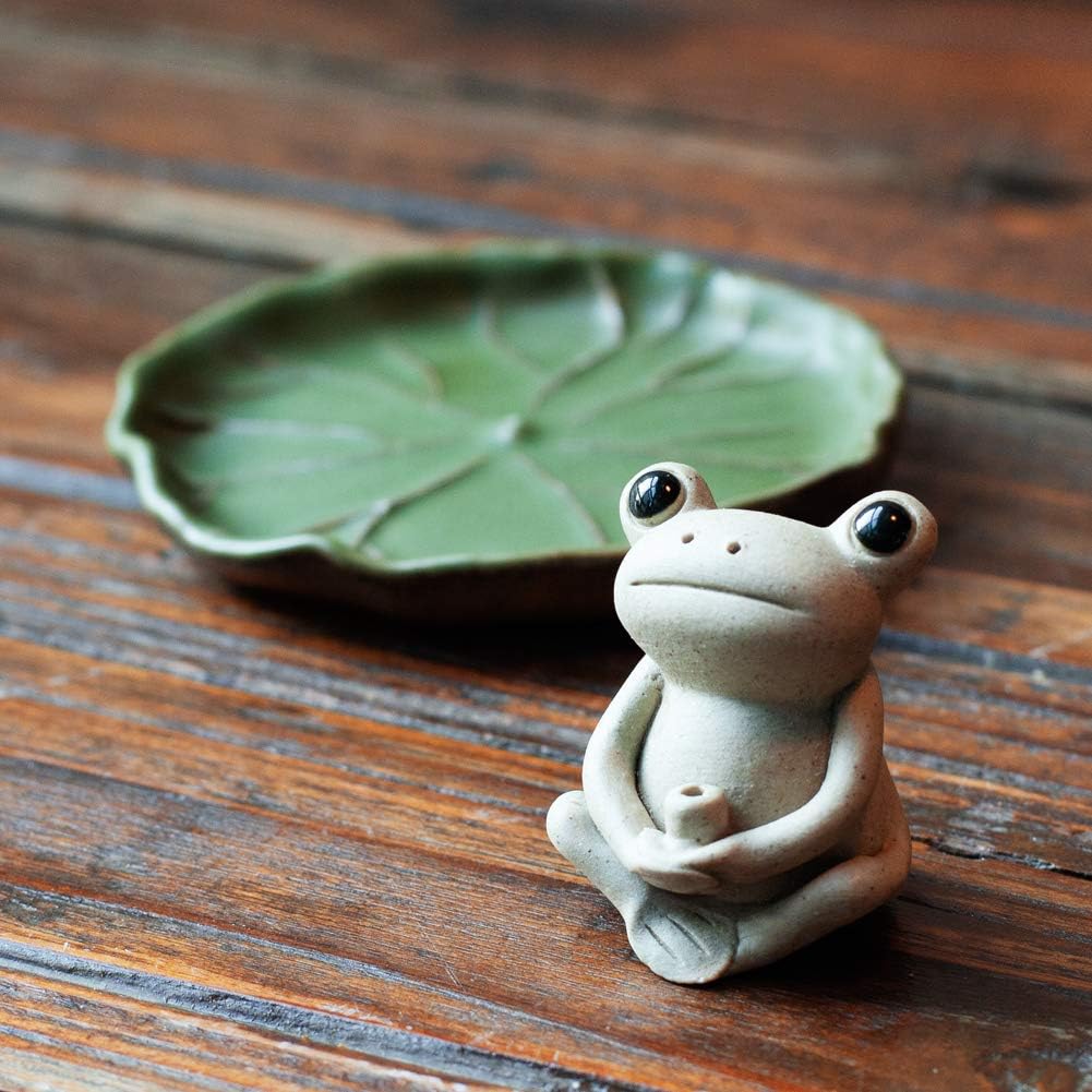 100% Handmade Ceramic Stick Incense Burner Holder,Small Frog Incense,Lotus Leaf Tray,Mini Cute Animal Statue Home