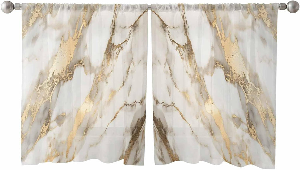 Sheer Curtains (Set of 2 Panels) 45 Inches Long, Marble Gold Light Filtering Window Curtains, Abstract Luxury Wave Gold Marbling Modern