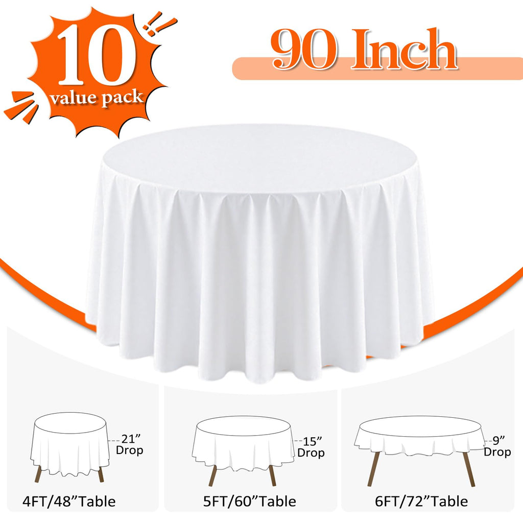 10 Pack Round Tablecloth 90 Inch White for 36"-72" Table