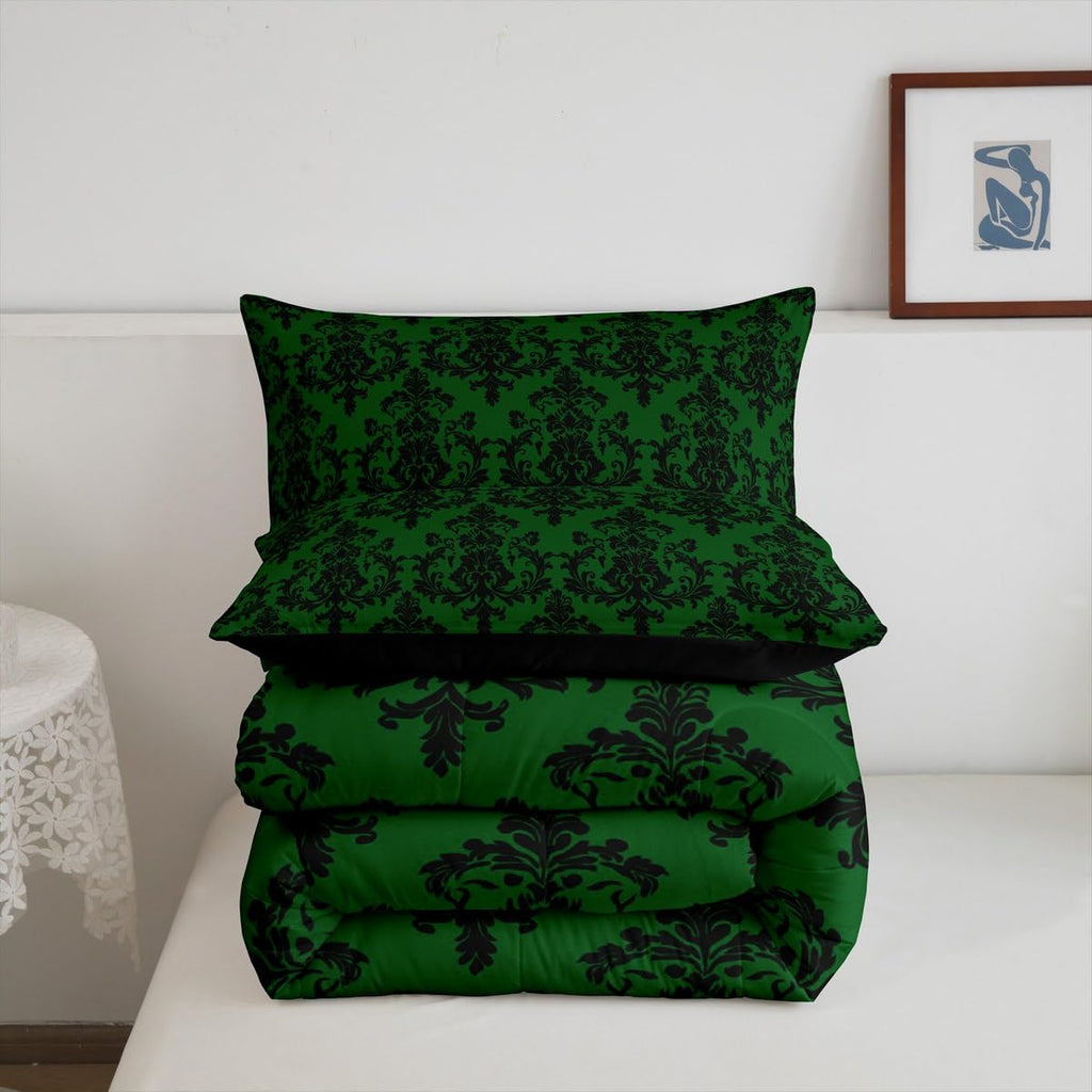 Green Black Damask Bedding Sets Full Size, Antique Victorian Baroque Boho Reversible Down Comforter Breathable