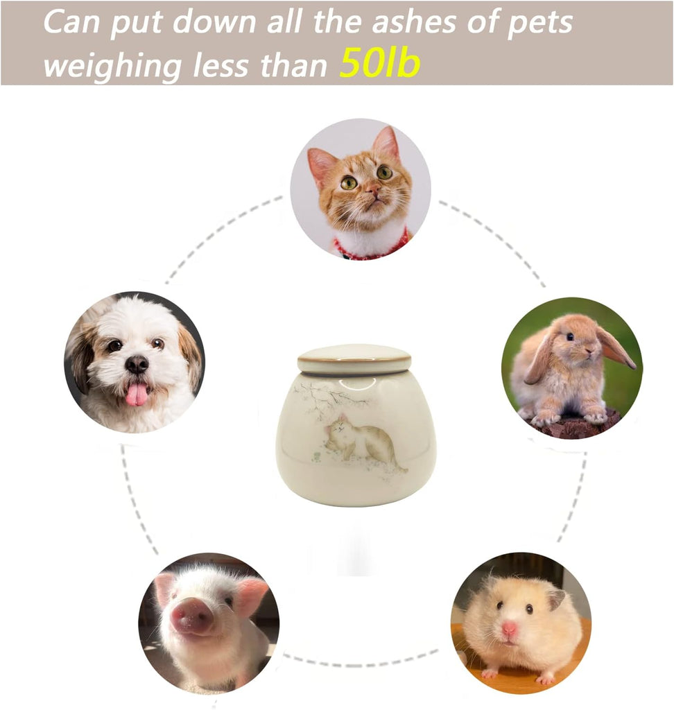 White Porcelain Cat Urn with Sleeping Kitty Pattern, 0.22L Capacity