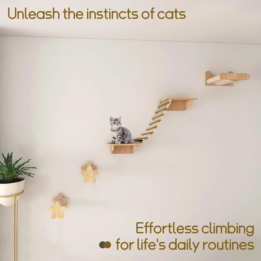 Cat Ladder & Bridge for Indoor Cats - Wooden Cat Wall Furniture with Climbing Rope - Wall Mounted Cat Shelves