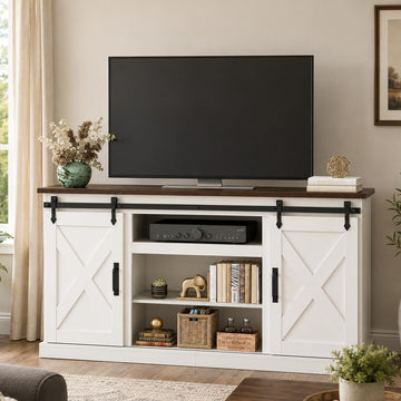 Farmhouse TV Stand for 65 Inch TV, Sliding Barn Doors, White