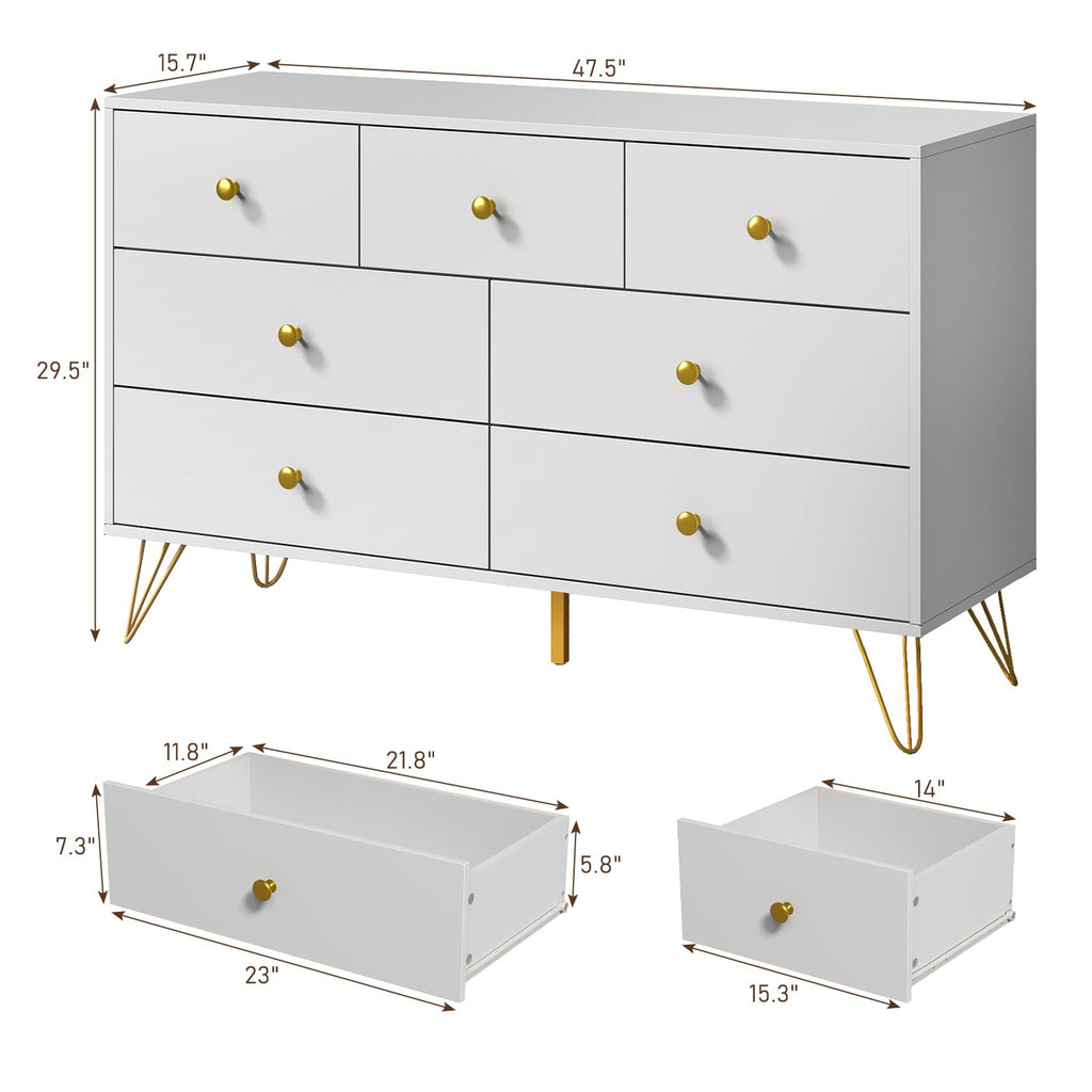 White, Modern 7 Drawer with Gold Handles and Metal Legs, White and Gold Dressers & Chest of Drawers