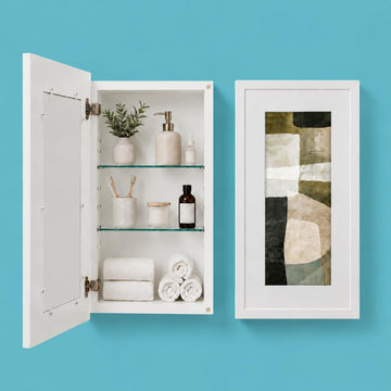 Concealed Medicine Cabinet 14×24 Recessed, Picture Frame Medicine Cabinet, Farmhouse White Wood Frame, 3 Shelves
