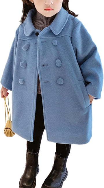Girls Dress Coat Kids Winter Warm Jacket Long Sleeve Button Trench Coat Pocket Long Peacoat Outerwear
