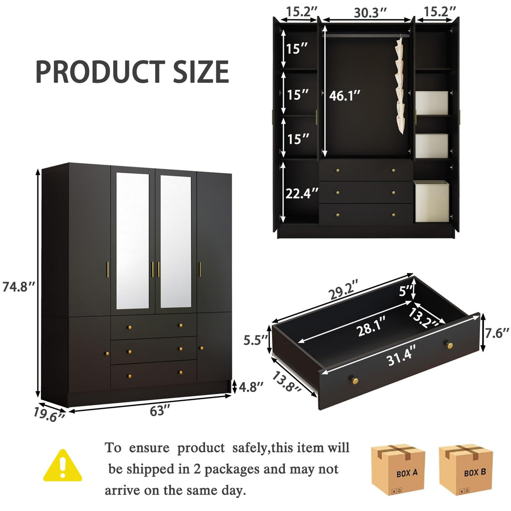 75" Tall Wardrobe Closet with 4 Doors & 3 Drawers, Modern Armoire with Mirror & LED Lights, Wooden Armoire Wardrobe