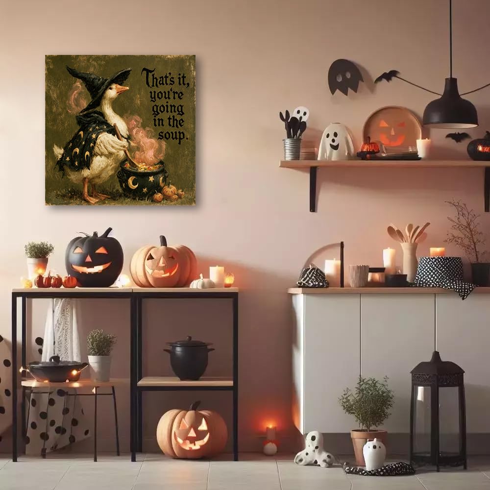 Vintage Witch Goose Wall Art- Funny Halloween Gothic Sign Canvas Pictures with Cauldron and Pumpkins Dining Room