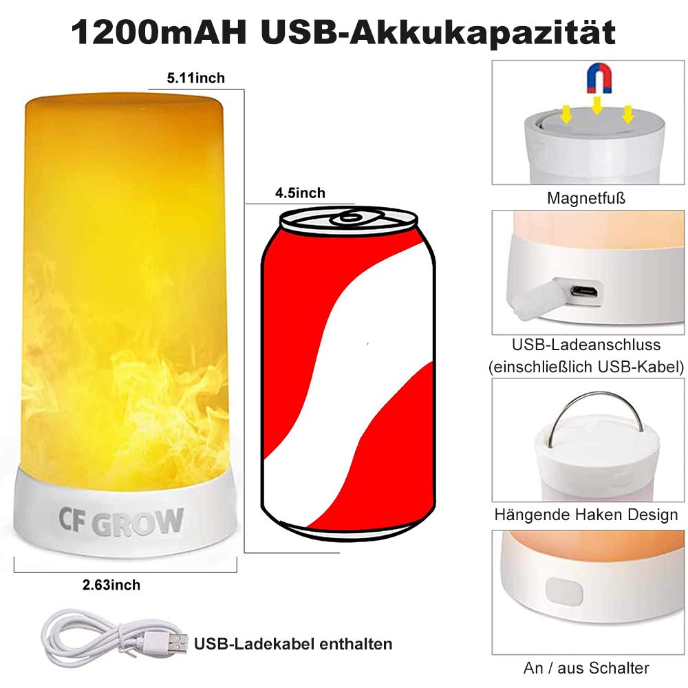 LED Flame Light, Flame lamp Candles Fire Lanterns Outdoor Hanging Lamps, USB Rechargeable Waterproof Dimmable 4 Modes