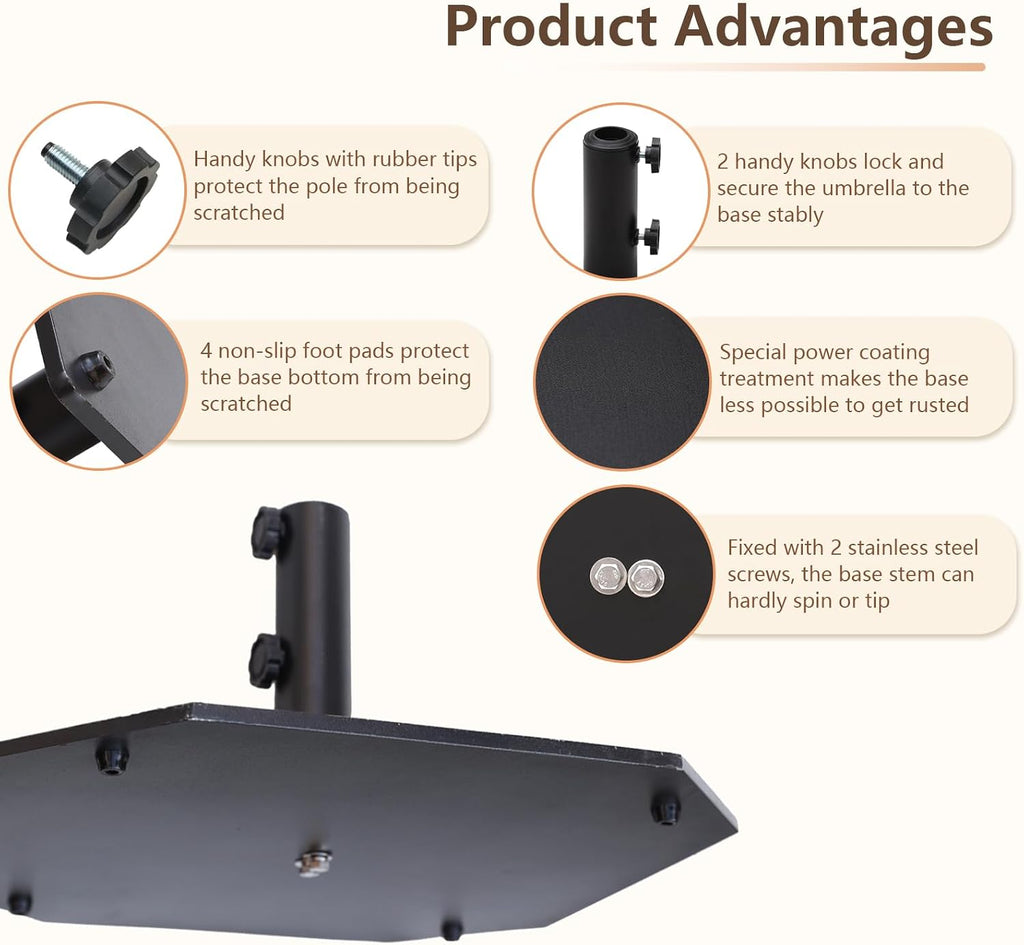 44 lb Steel Plate Patio Umbrella Base, Square Heavy Duty Stand Weight with 4 Anti-Slip Pads Table Umbrella, Black