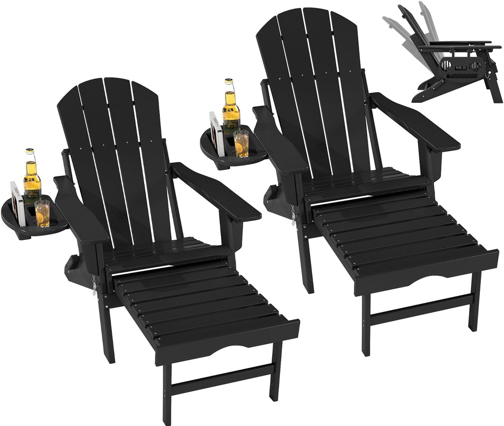 Folding Adjustable Adirondack Chair with Ottoman Set of 2 | HDPE Adirondack Chairs w/4 in 1 Cup Holder