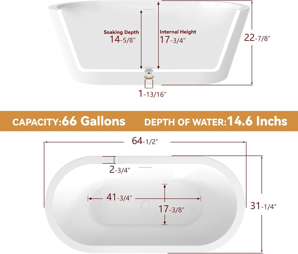 64" Free Standing Tub, Pure Acrylic Freestanding Bathtub, Stylish Stand Alone Contemporary Deep Soaking Bath Tub