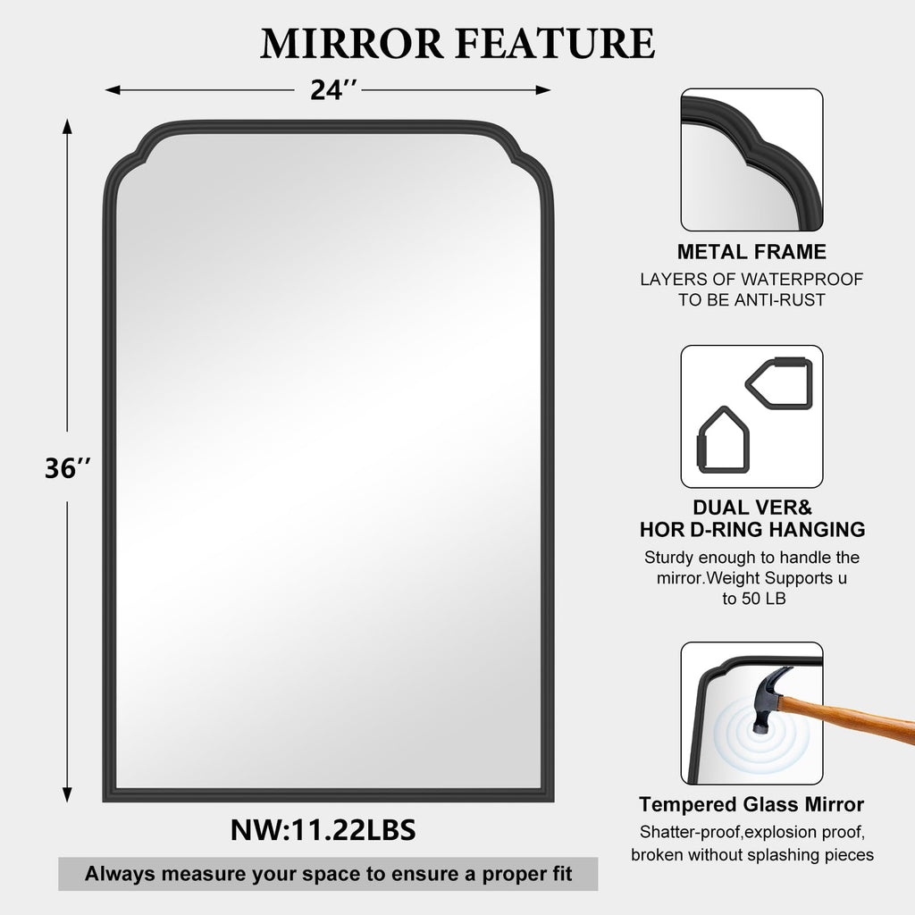 24X36 Inch Black Bathroom Mirror for Over Sink, Modern Rounded Corner Rectangle Mirror with Non-Rusting Iron Metal