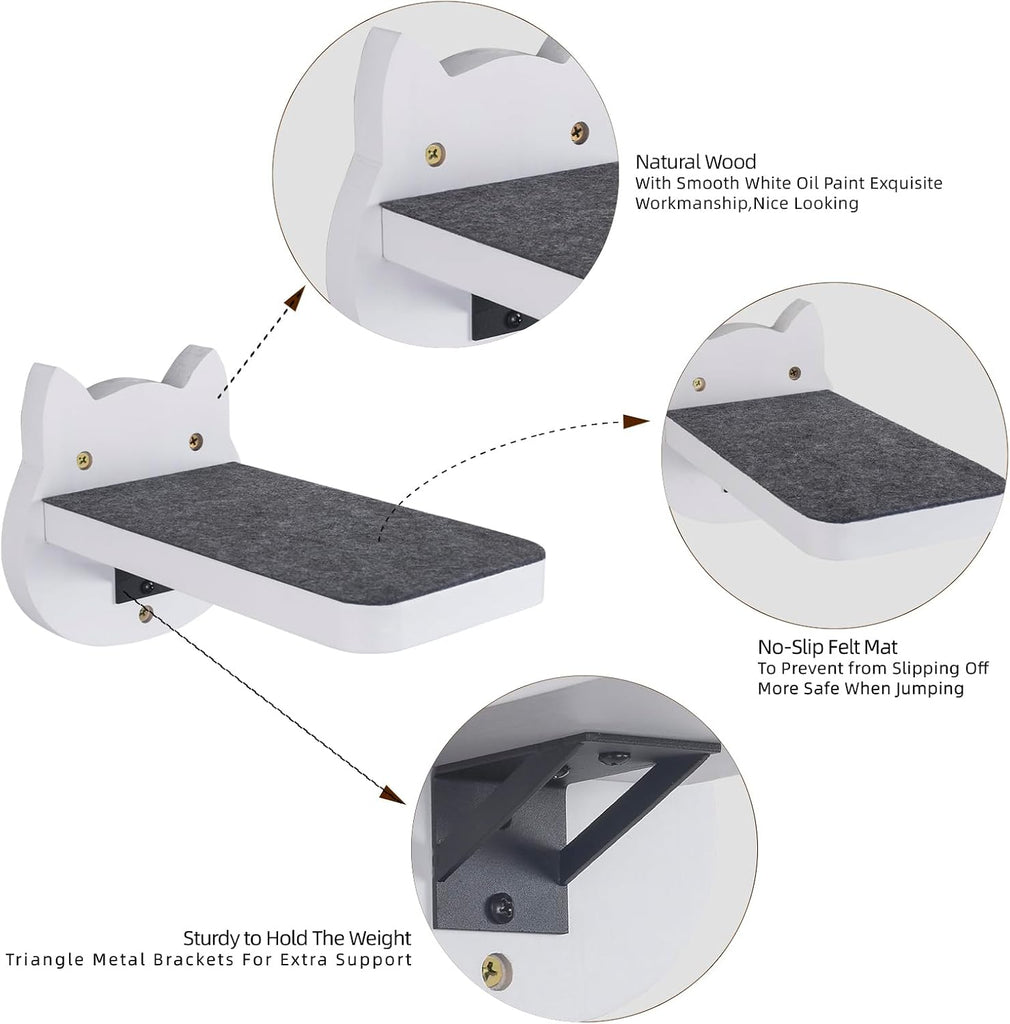 White Painted Wooden Cat Wall Floating Steps Set of 3