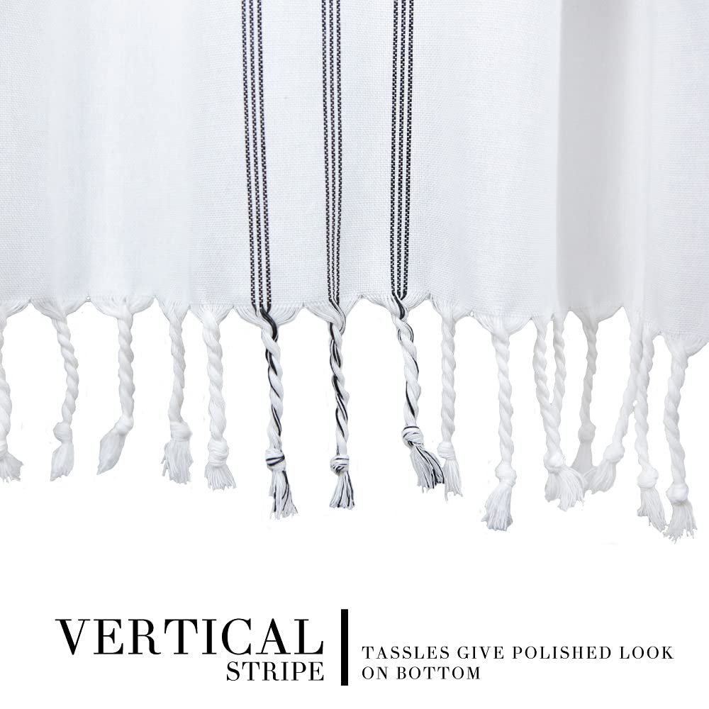 Modern Transitional White Stripe with Tassels - Vertical Black Lines Striped 100% Cotton, 72" x 72"