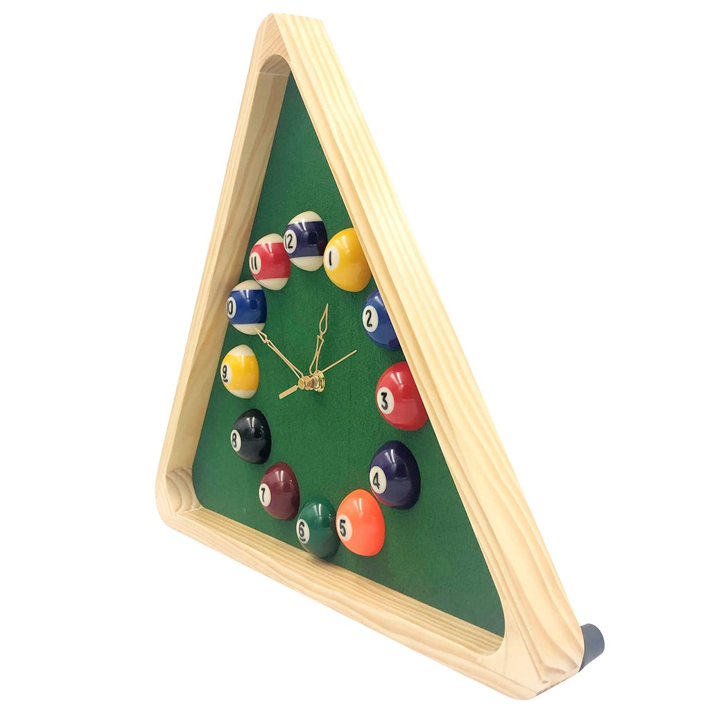 Inspired Nelson Style Billiards Pool Ball Clock - 14Inch Triangle Pool Table Cool Wall Clock with Solid Wood Frame, Great for Billiards