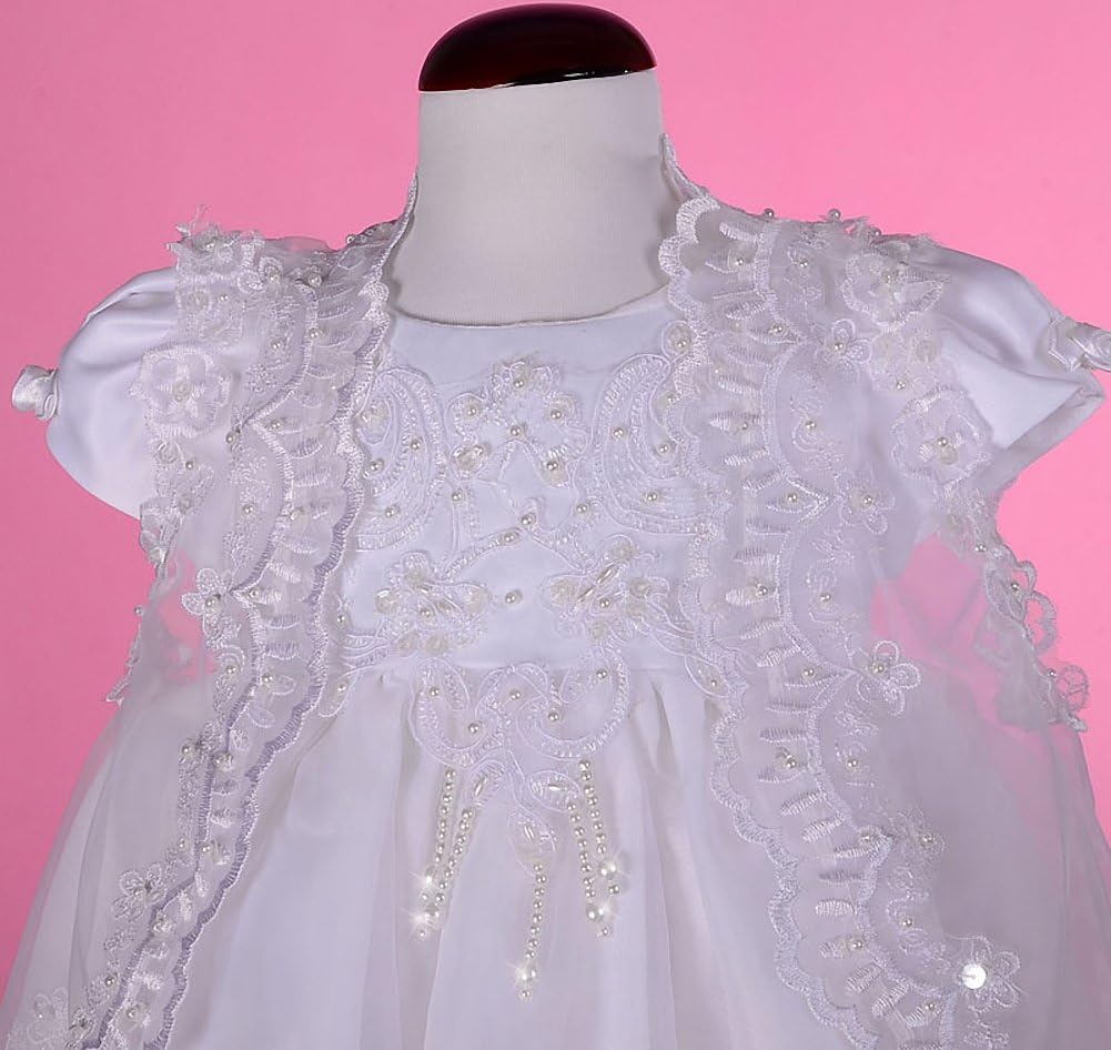 Baby Girls' Beaded Scalloped Embroideries Baptism Christening Gown White Dress with Lace Cape and Bonnet
