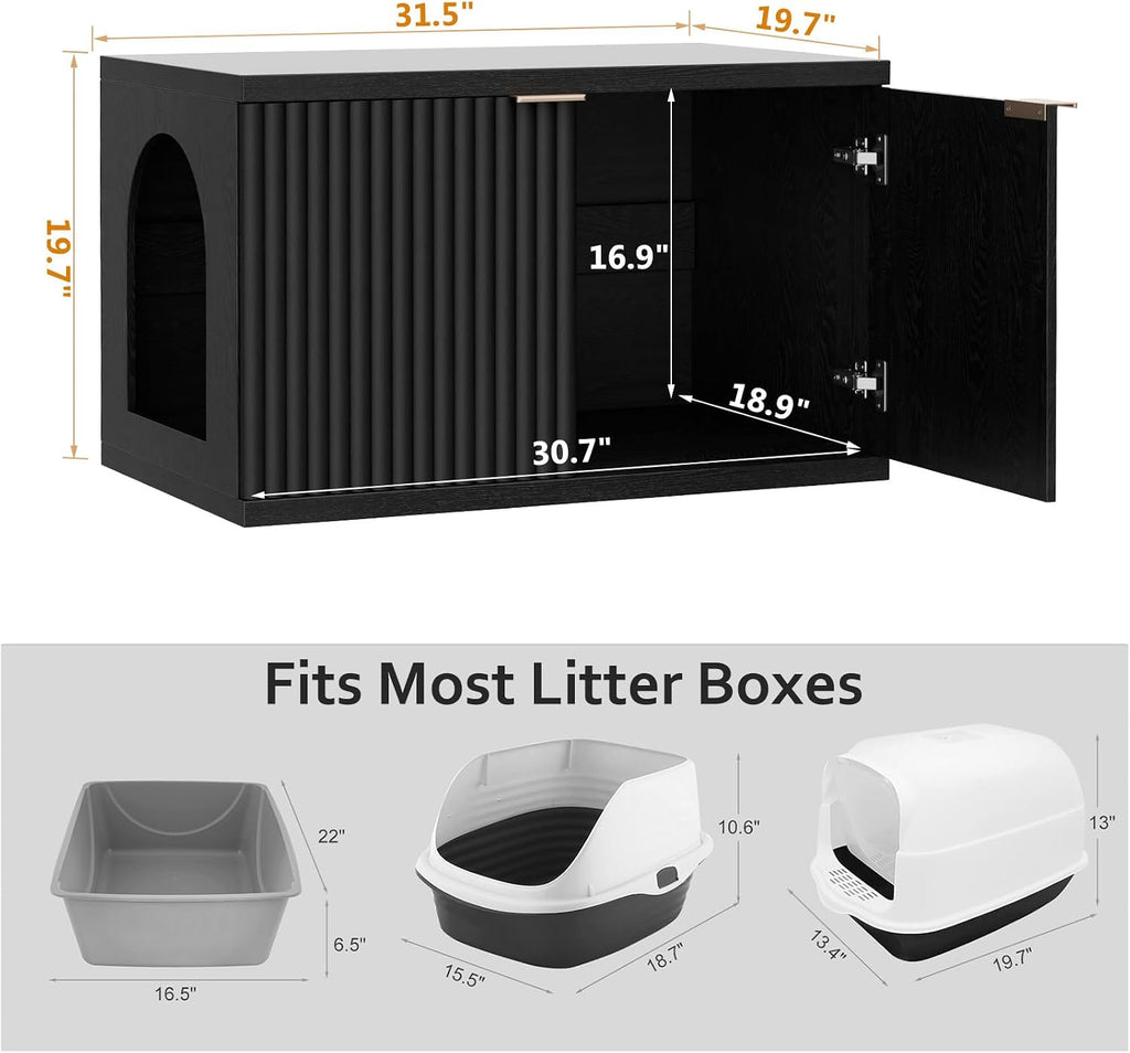 Cat Litter Box Enclosure, Modern Fluted Accent, Black