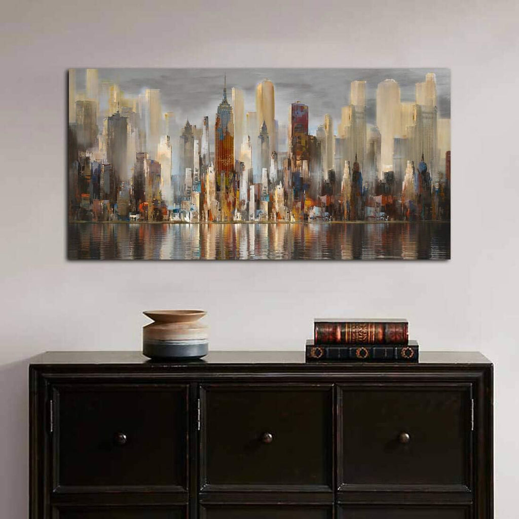 Framed Wall Art Large Cityscape New York Wall Decor Canvas Prints Abstract Brown City Theme Paintings Modern Canvas