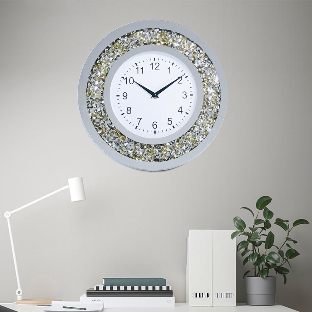 Wall Clock Decor Crushed Diamond Mirror Bathroom Clocks Wall Crystal Decorations (Golden-Round 35CM(A))