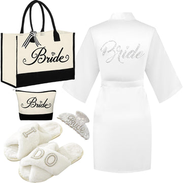 Bride to Be Gifts, Bridal Shower Wedding Gifts, Bride Tote Bag I Do Slippers Robe Hair Clip for Wedding Day