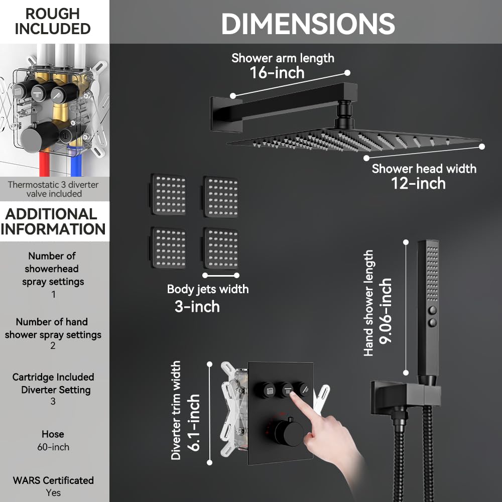 Thermostatic Shower System with Body Jets, 12" Rain Shower with 2 in 1 Handheld, Can Use All at Once, Push Button