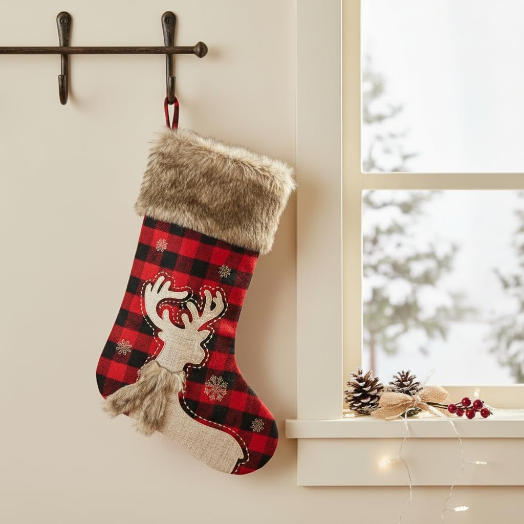 20" Black and Red Plaid Reindeer Christmas Stocking, Rustic Antique Vintage Figurine Style Home Decor, Faux Fur Scarf