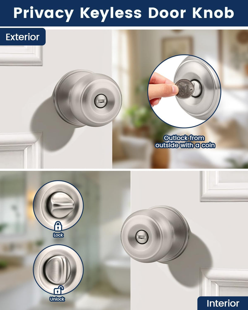 10 Pack Brushed Nickel Privacy Door Knobs Interior, Classic Round Shape Stain Nickel Bedroom Doorknobs with Lock