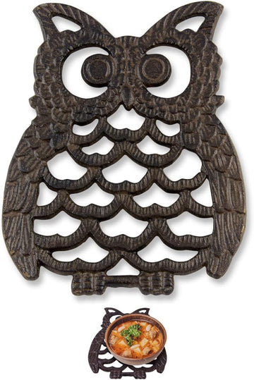 Cast Iron Owl Trivet - 7.48"×7.48" - Rubber Pegs - Rust Brown