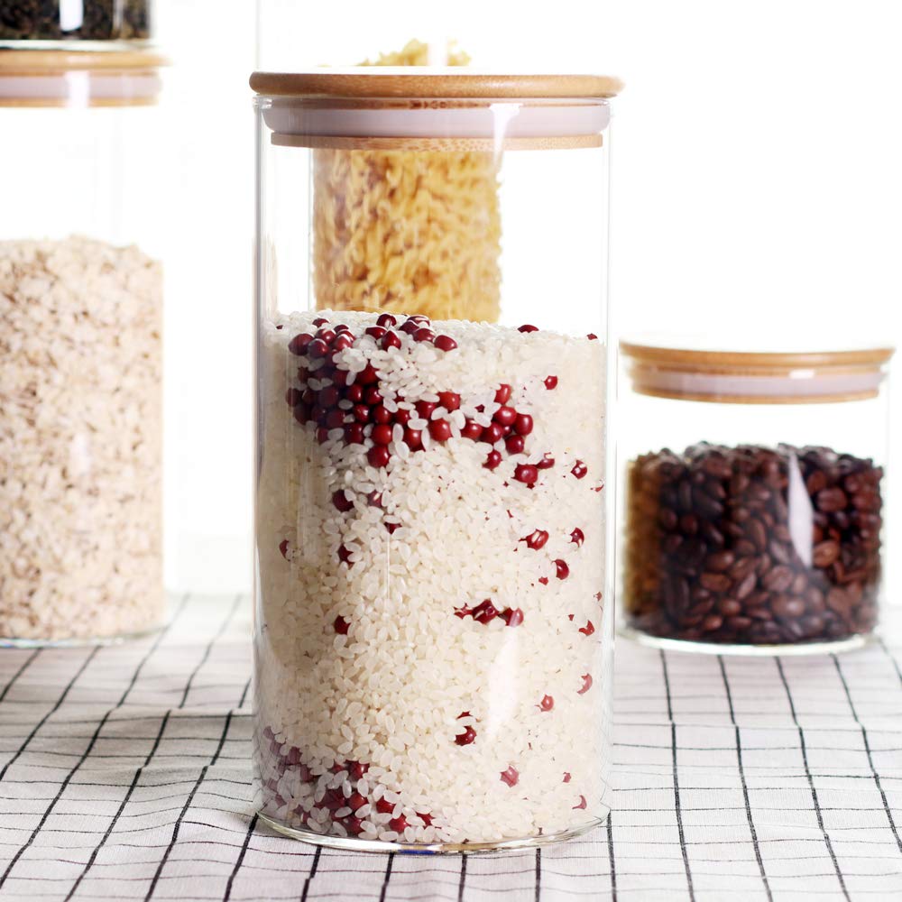 Stackable Kitchen Canisters Set, Pack of 5 Clear Glass Food Storage Jars Containers with Airtight Bamboo Lid for