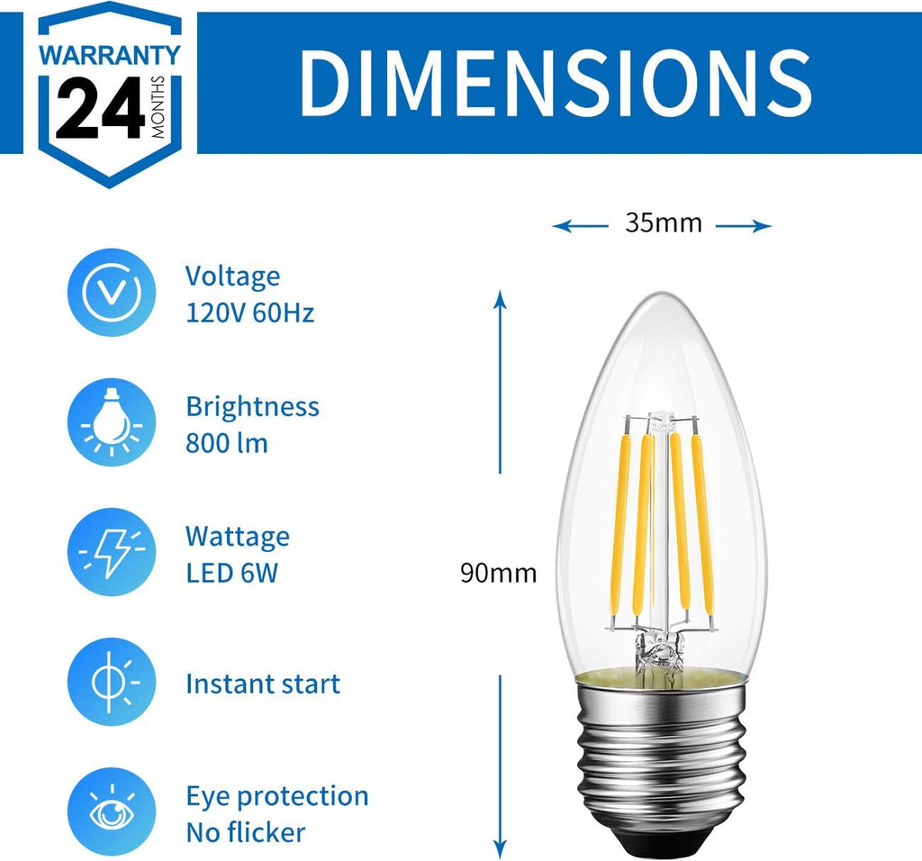 E26 Candelabra LED Bulb, 2700K B11 Candle Light Bulb, 800LM