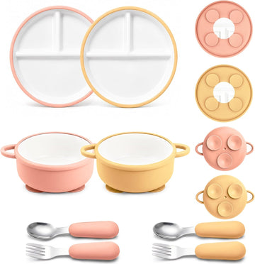 8 Pcs Ceramic Baby Plates Set with Suction Sleeves, Spoons & Forks